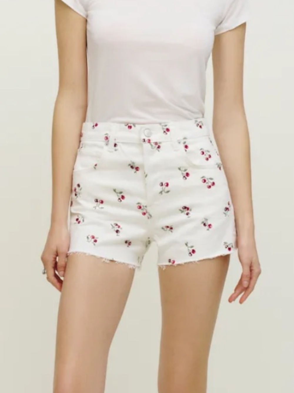Reformation Cherries Embroidered High Rise Jean Shorts